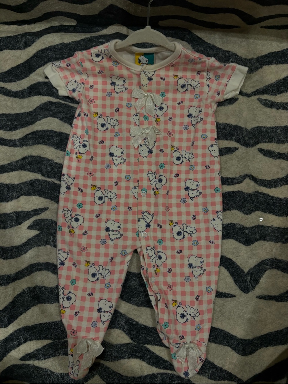 VTG 90s Snoopy Peanuts Pink Gingham Footie Sleeper 6-9M
